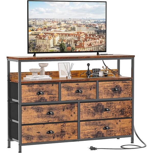 Dresser TV Stand with Power Outlets， Console Sofa Table with 7 Fabric Drawers and Shelves， Entertainment TV Media Center