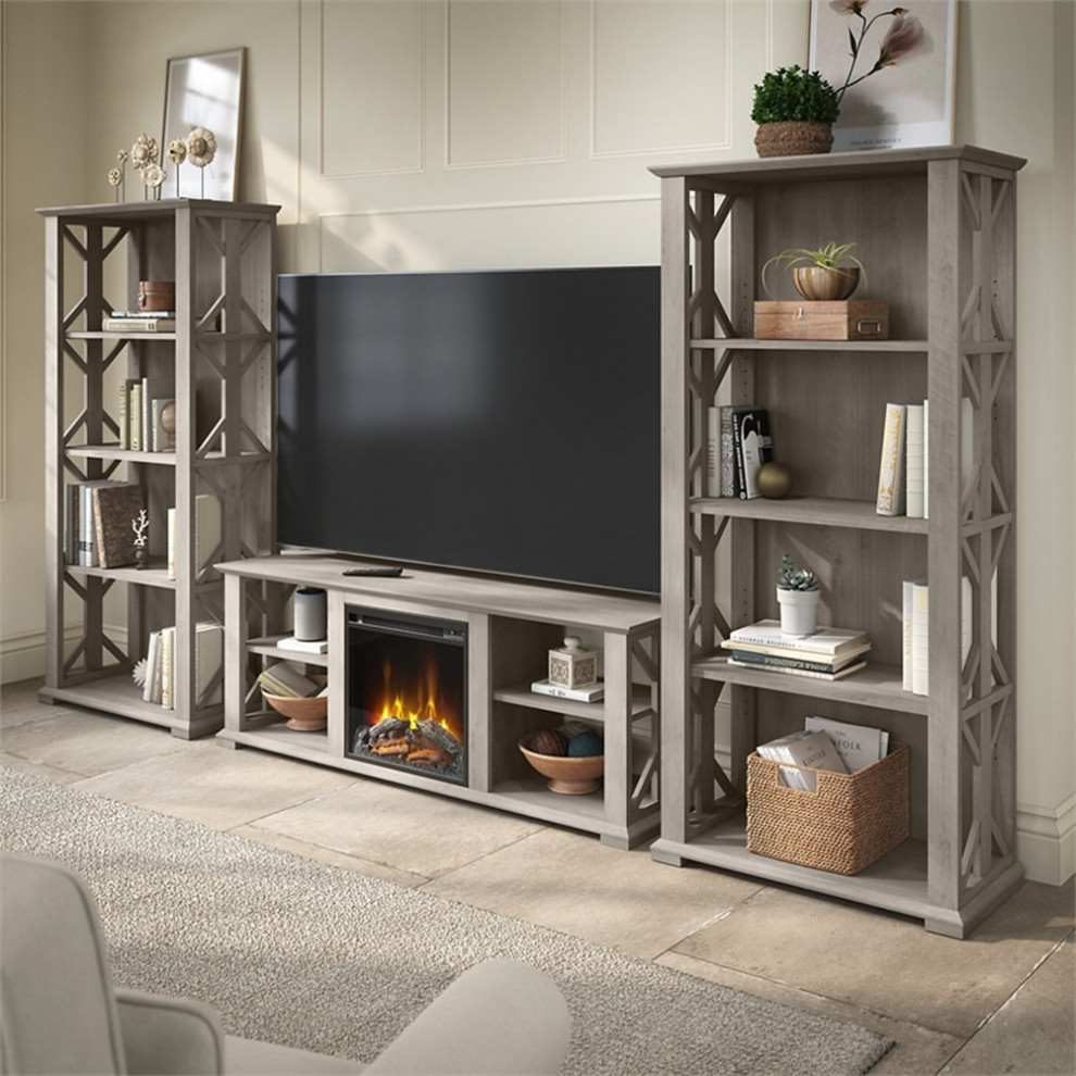 Homestead Electric Fireplace TV Stand with Bookcases in Gray   Engineered Wood   Farmhouse   Entertainment Centers And Tv Stands   by Homesquare  Houzz