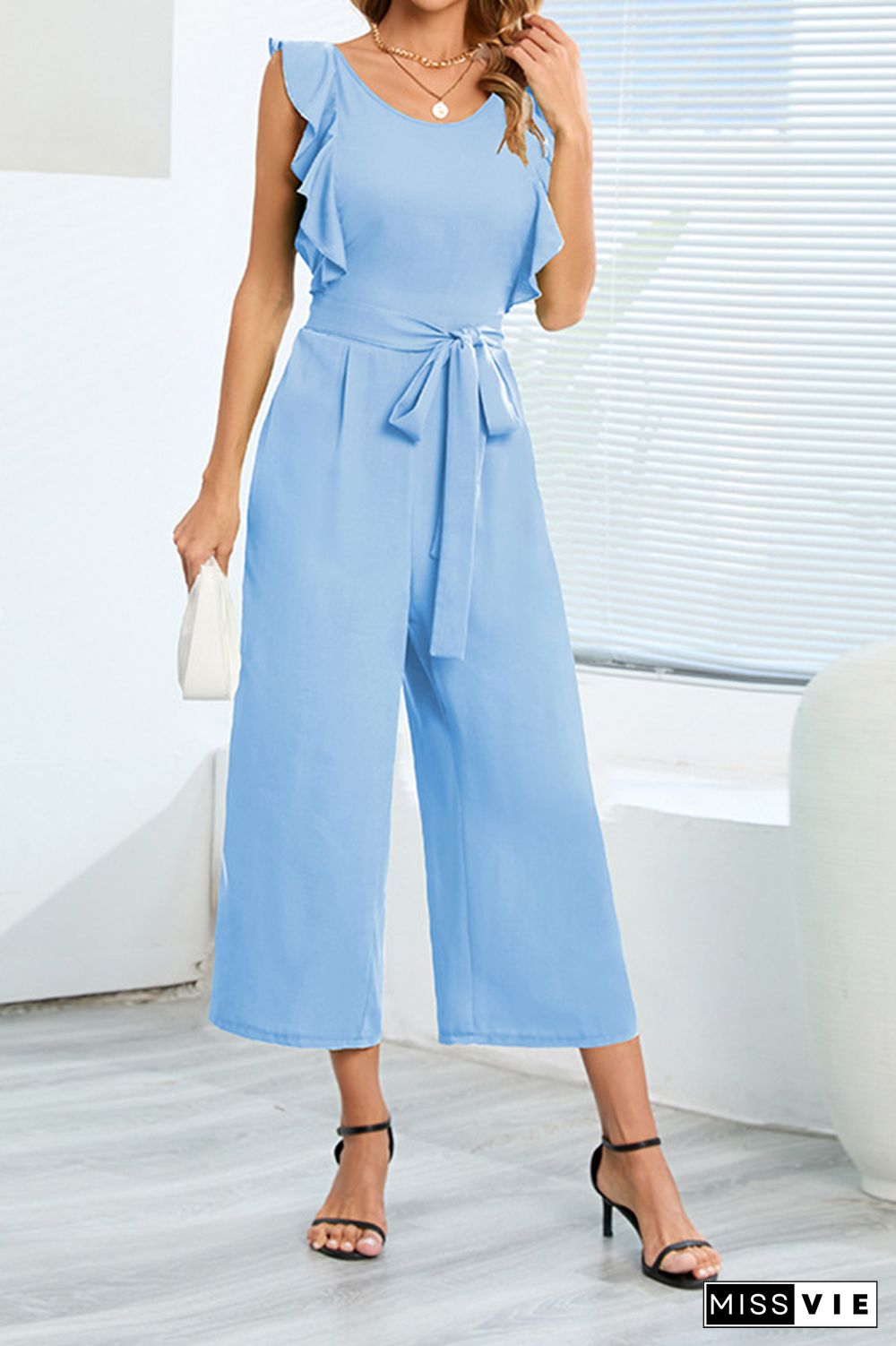 Plain Flutter Sleeveless Wide Leg Jumpsuit