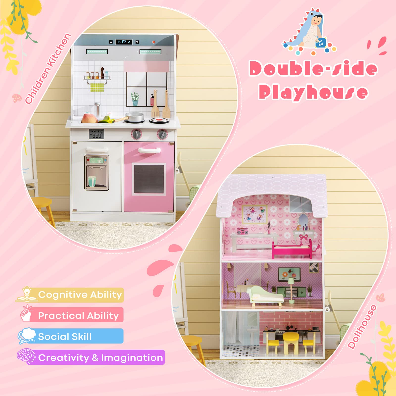 Costzon 2 in 1 Kids Kitchen Playset and Dollhouse