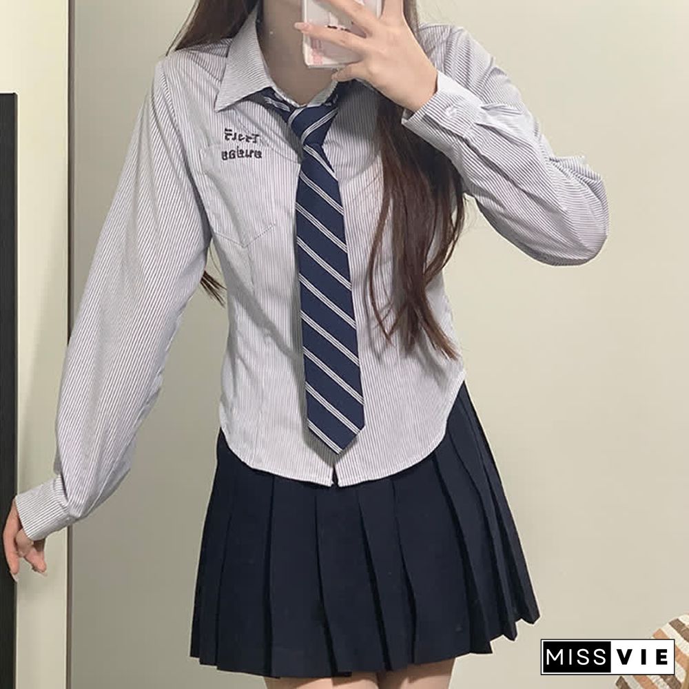 Letter Embroidery Stripe Tie Polo T-Shirt Pleated Skirt JK Uniform