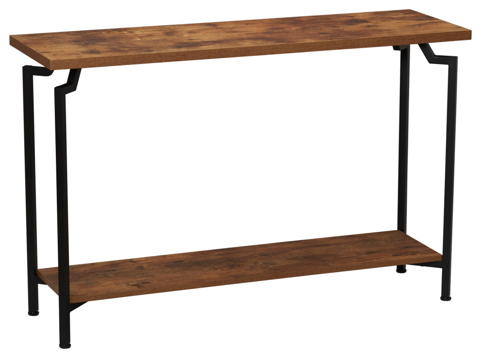 Crown Console Sofa Table  Storage Shelf Rustic Hickory Wood Grain  Black Metal   Industrial   Console Tables   by Household Essentials  Houzz