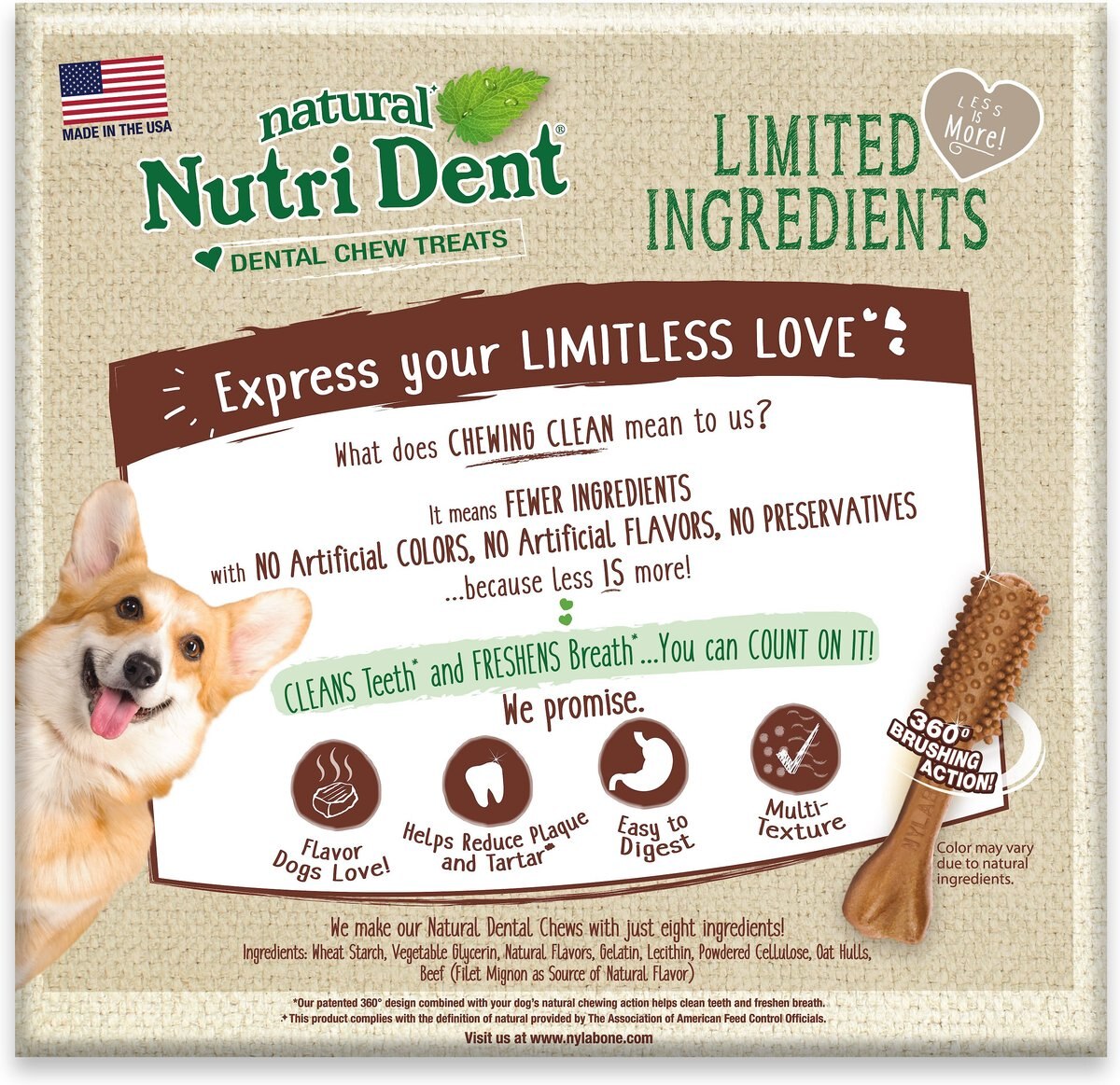 Nylabone Nutri Dent Limited Ingredients Small Filet Mignon Natural Dental Dog Treats， 64 count