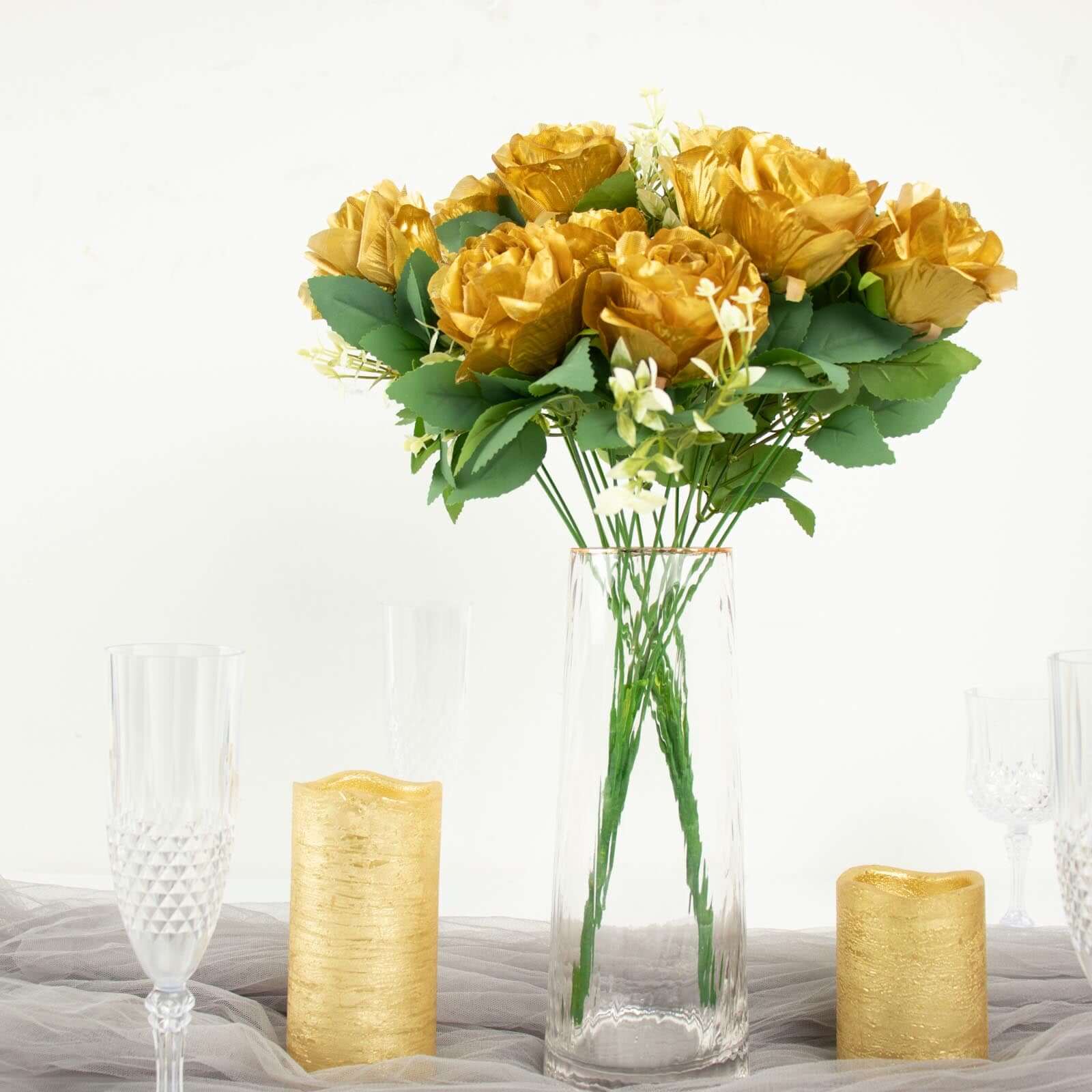 2 Bushes Gold Artificial Silk Rose Flower Arrangements, Real Touch Long Stem Flower Bouquet 18