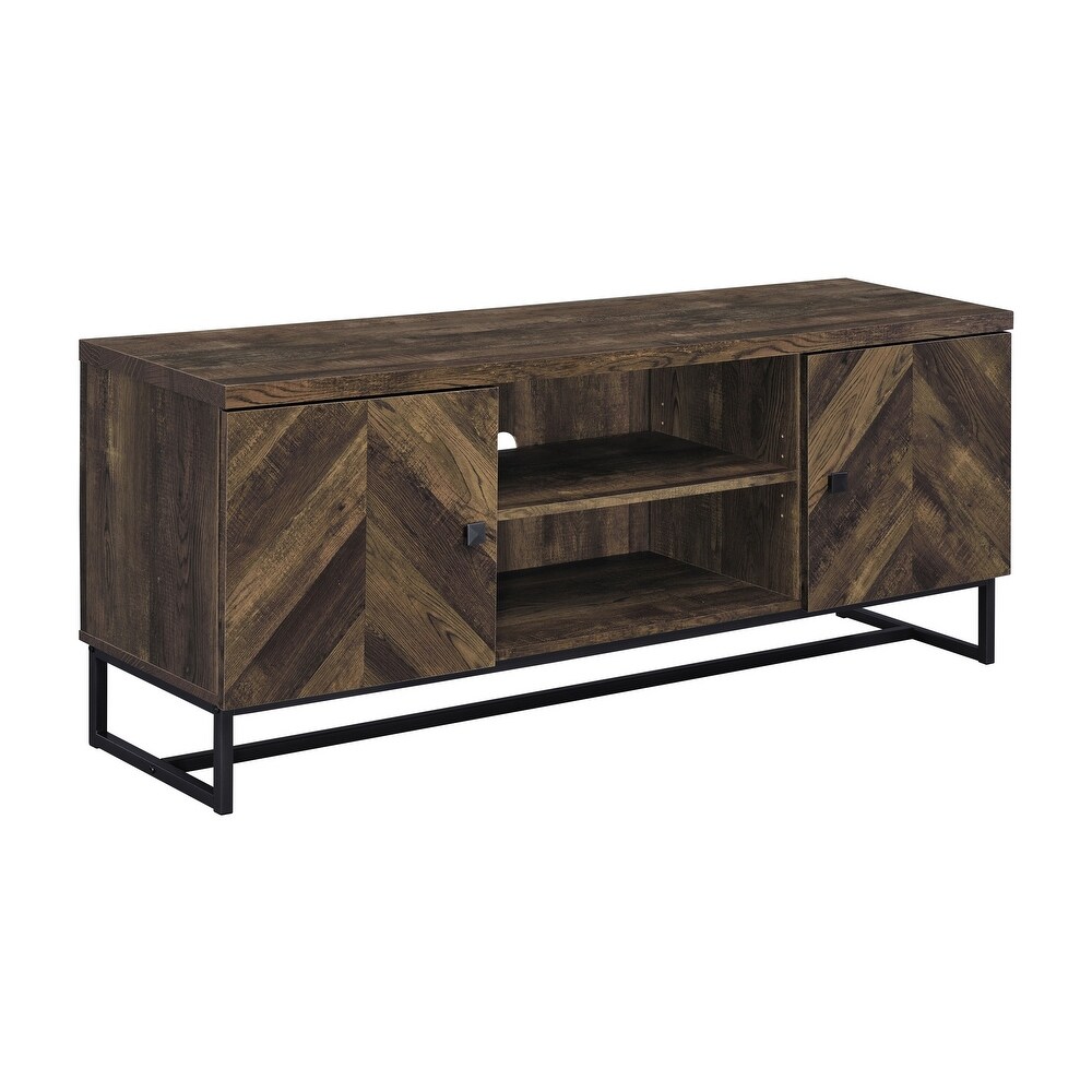 60 Inch TV Media Console Cabinet  2 Herringbone Doors  Rustic Brown Wood