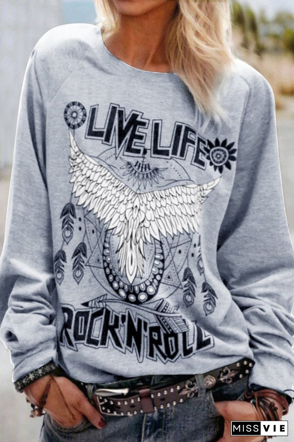 Letter Eagle Print Long Sleeve Top T-Shirt