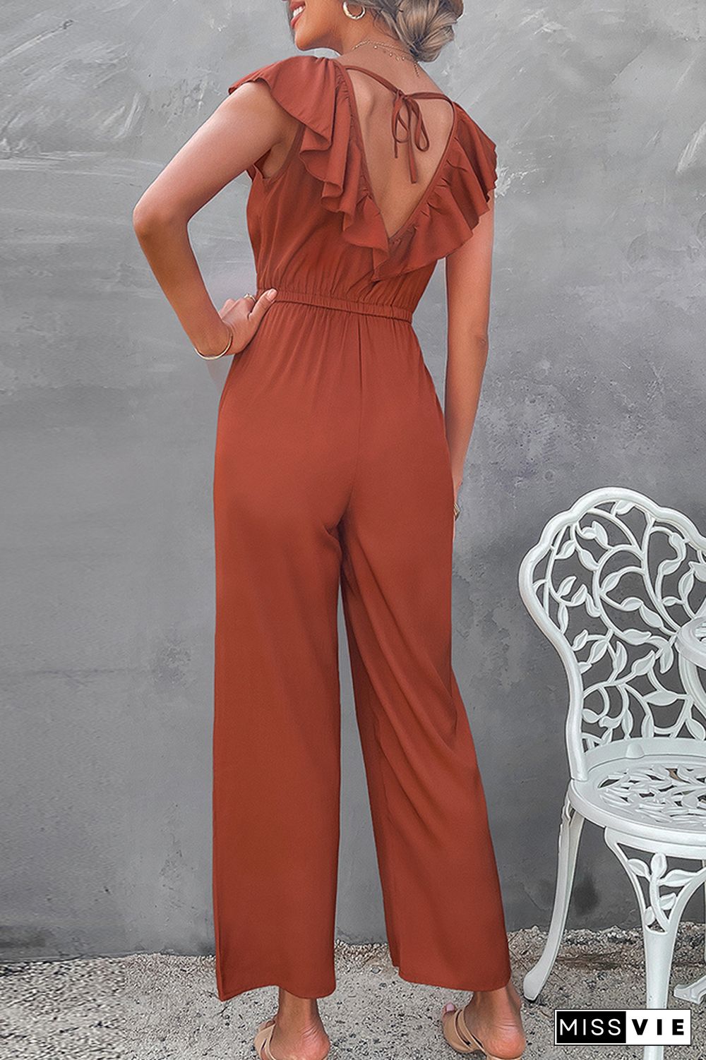 Ruffle V-neck Sleeveless Waisted Jumpsuit Wholesale