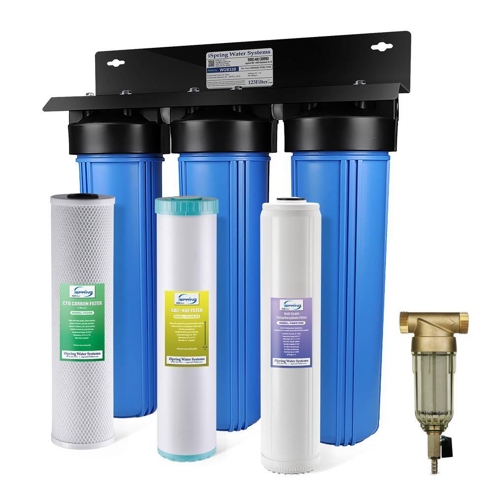 ISPRING Whole House Water Filter System wSpin Down Sediment Filter Anti-Scale GAC+KDF and Carbon Block WGB32B-KDS+WSP50