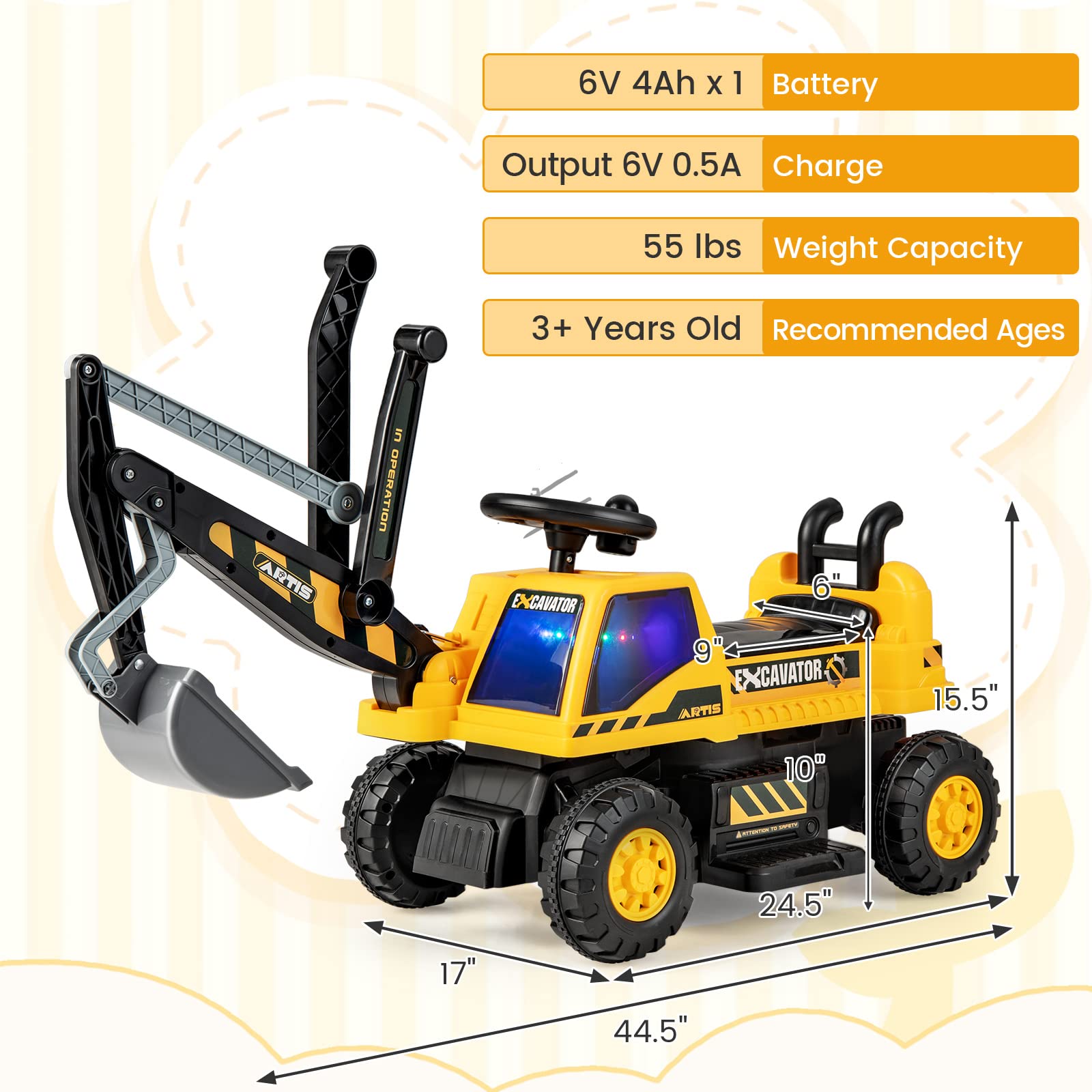 Costzon Ride on Excavator, 6V Battery Powered Digger with Under Seat Storage (Yellow)