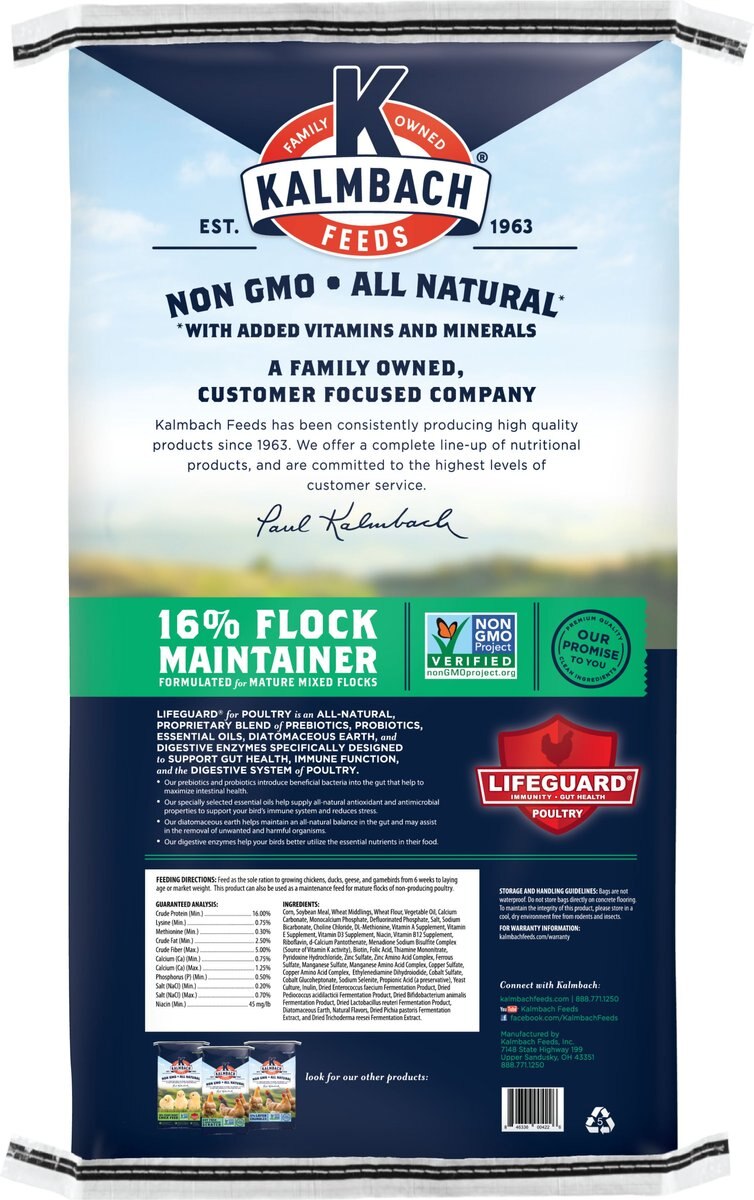 Kalmbach Feeds All Natural Non-GMO 16% Flock Maintainer Poultry Feed， 50-lb bag