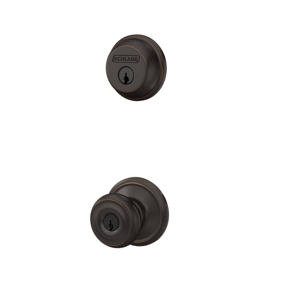 Schlage Georgian Aged Bronze Single Cylinder Deadbolt and Keyed Entry Door Knob Combo Pack FB50N V GEO 716