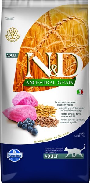 Farmina NandD Ancestral Grain Lamb and Blueberry Recipe Adult Cat Dry Food， 11-lb bag