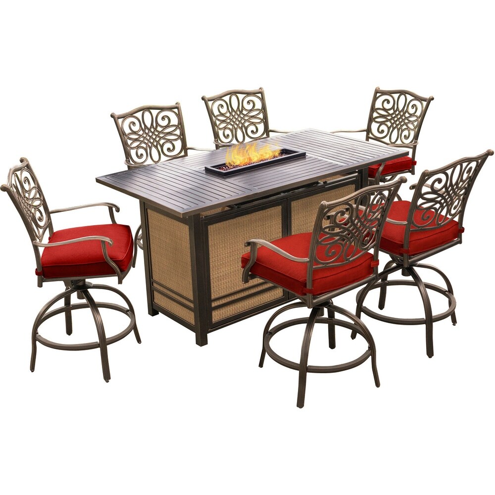 Hanover Traditions 7 Piece High Dining Set in Red with 30 000 BTU Fire Pit Table