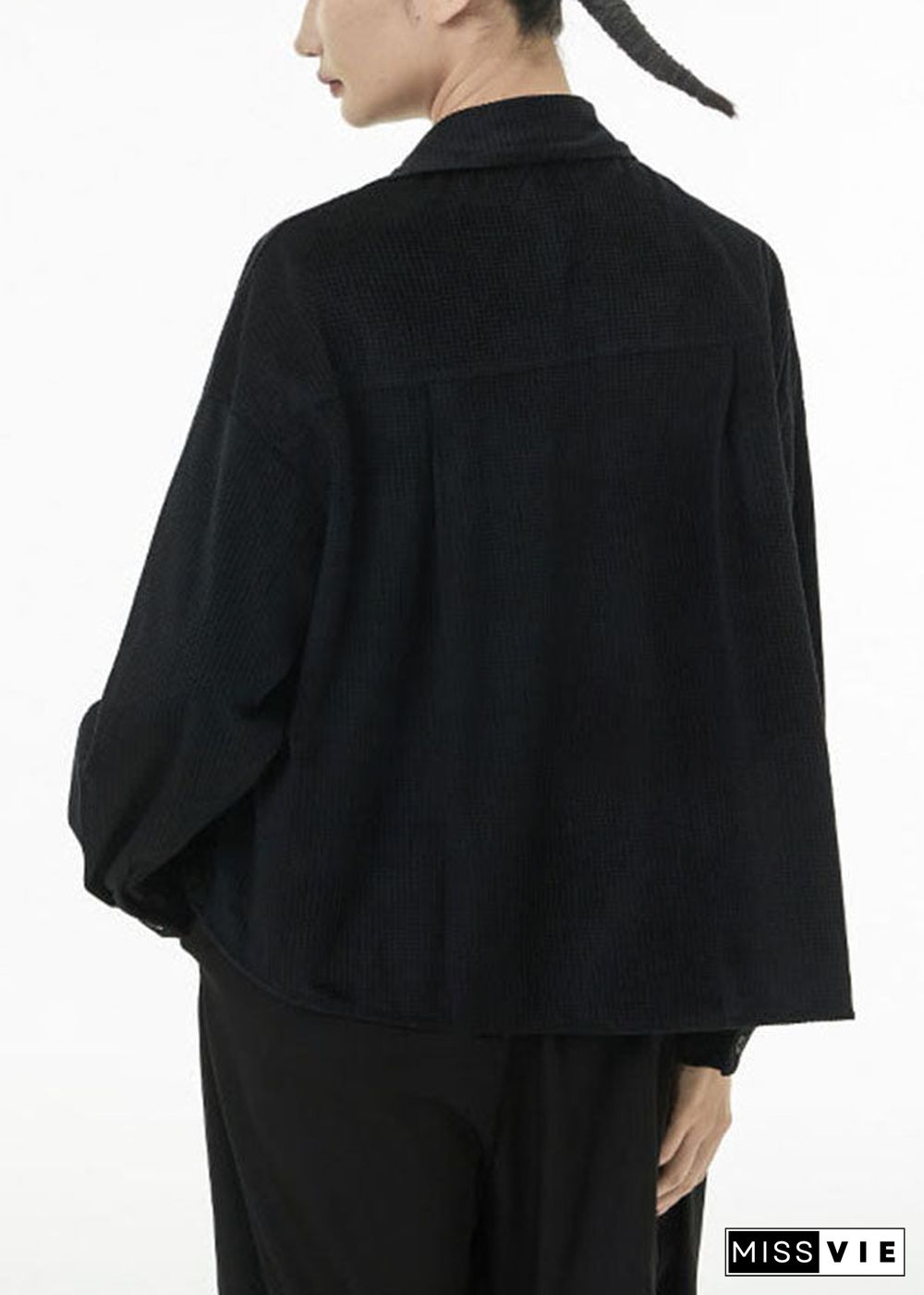 Black Oversized Silk Velour Shirt Top Asymmetrical Design Spring