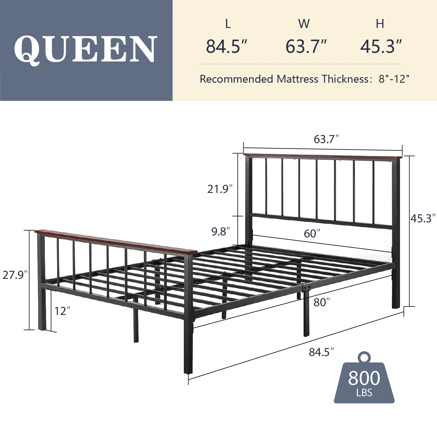 Allewie Queen Size Heavy Duty Metal Platform Bed Frame with Railing Headboard,Black