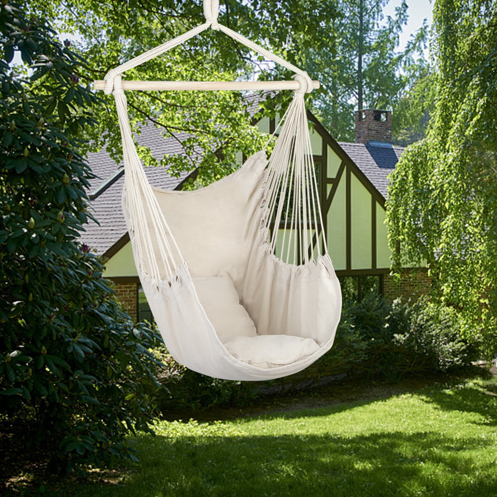 Hammock Chair Swing, Fityou Hanging Rope Indoor Outdoor Relaxing Swinging Seat with 2 Cushions Beige for Patio Bedroom Garden