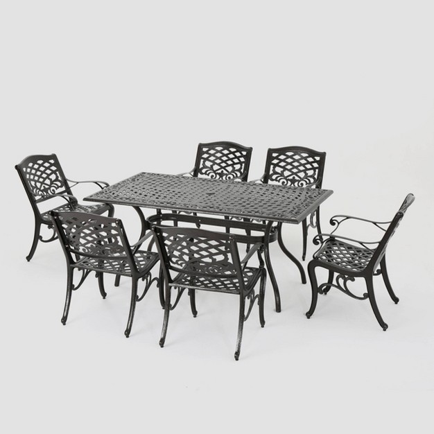 Hallandale Sarasota 7pc Cast Aluminum Dining Set Hammered Bronze Christopher Knight Home