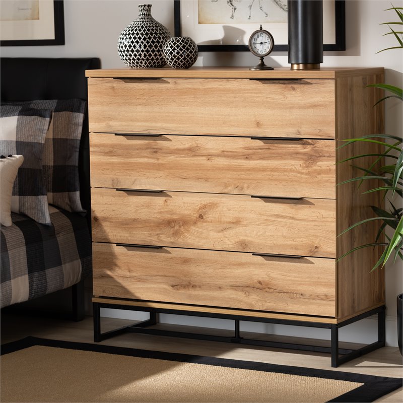 Bowery Hill Industrial Oak Finished Wood Black Metal 4-Drawer Dresser