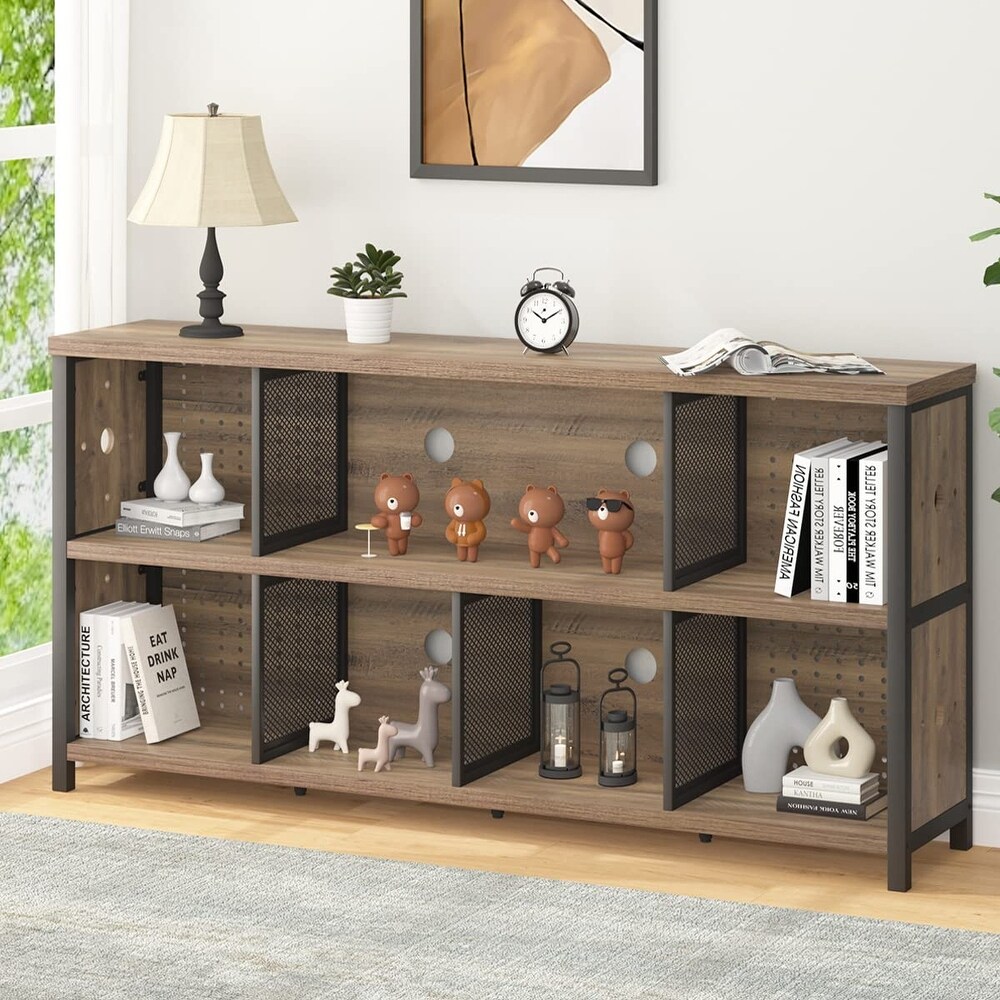 Industrial Horizontal Bookshelf  4 5 6 7 8 Cube Storage Organizer Bookcase  Modern Wide Large Book Shelf for Bedroom Living Room