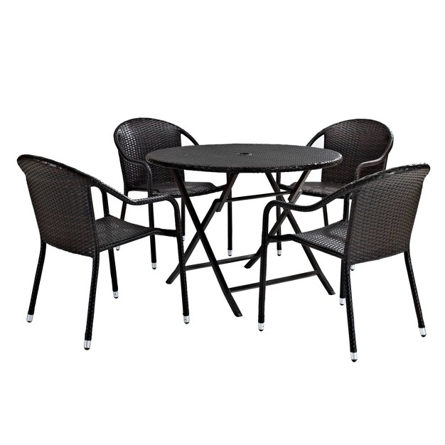 Palm Harbor 5pc Outdoor Wicker Dining Set Brown Crosley All weather Resin Uv resistant Stackable Chairs Foldable Table