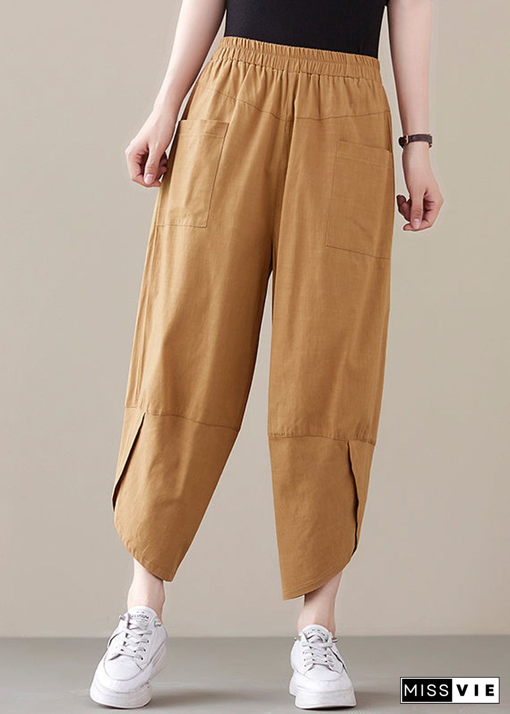 Bohemian Khaki pocket Patchwork Cotton Pants Spring