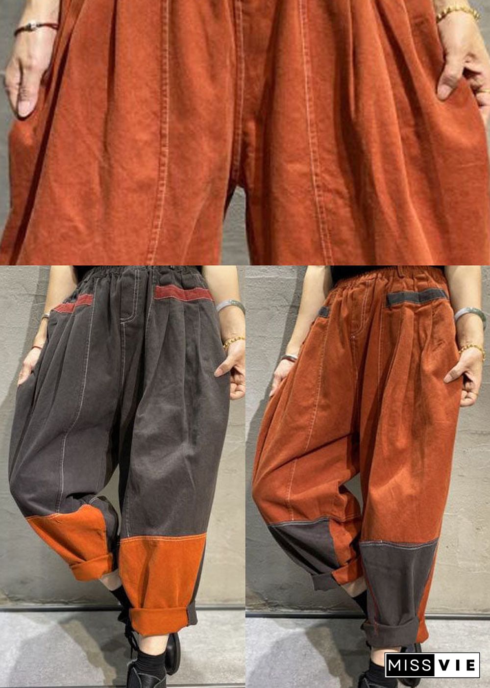 Bohemian Grey Patchwork Cotton Pants Spring