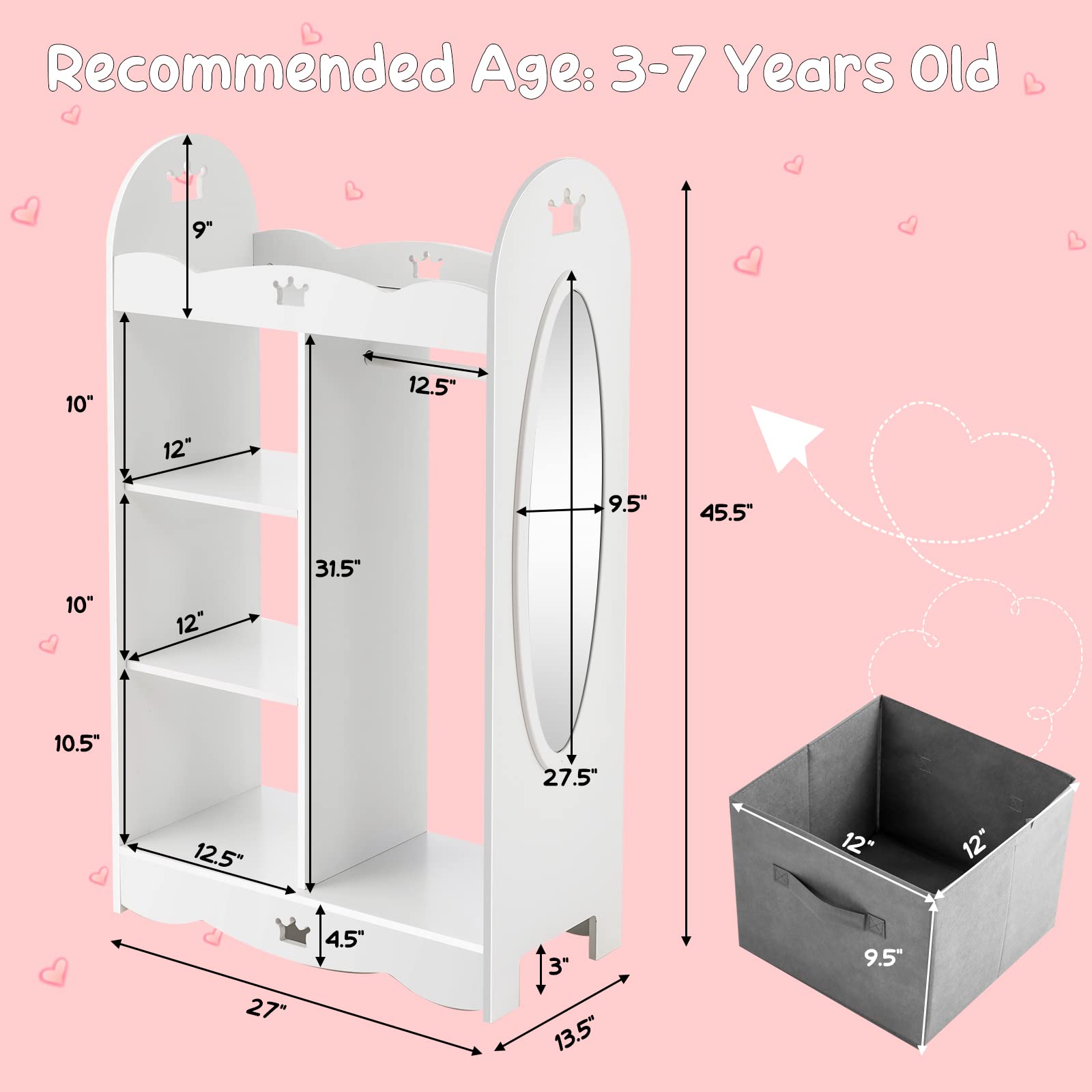 Costzon Kids Dress up Storage W/Mirror, 2 Storage Bins & Cloth Hanger, Costume Closet Wardrobe