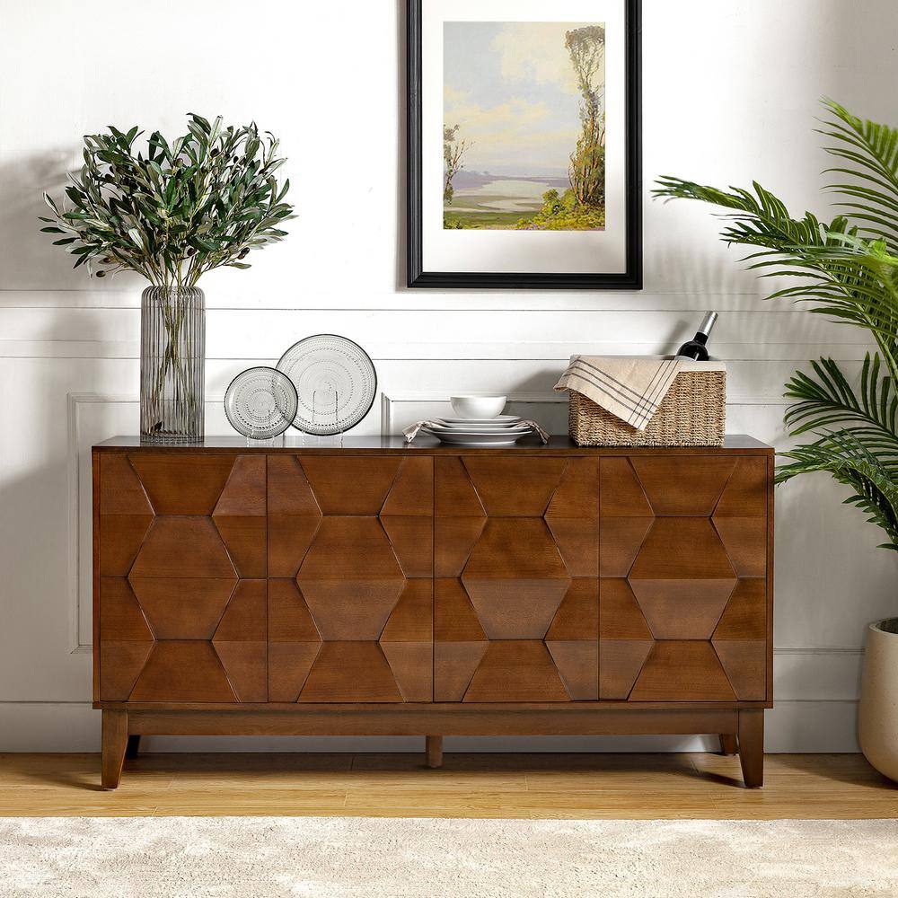 JAYDEN CREATION Kamis Modern Walnut 60 in. Hexagonal Embellishments Sideboard with Solid Wood Legs SBHM0574-WALNUT