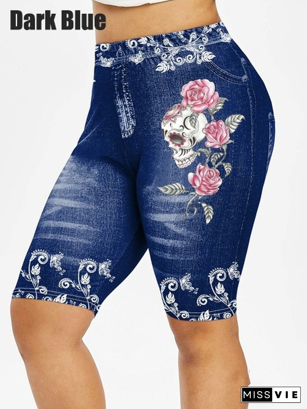 New Women Fashion Skinny Skull Flower Print Casual Jeggings Yoga Leggings Faux 3D Denim Jean Shorts Pants Plus Size S-5XL