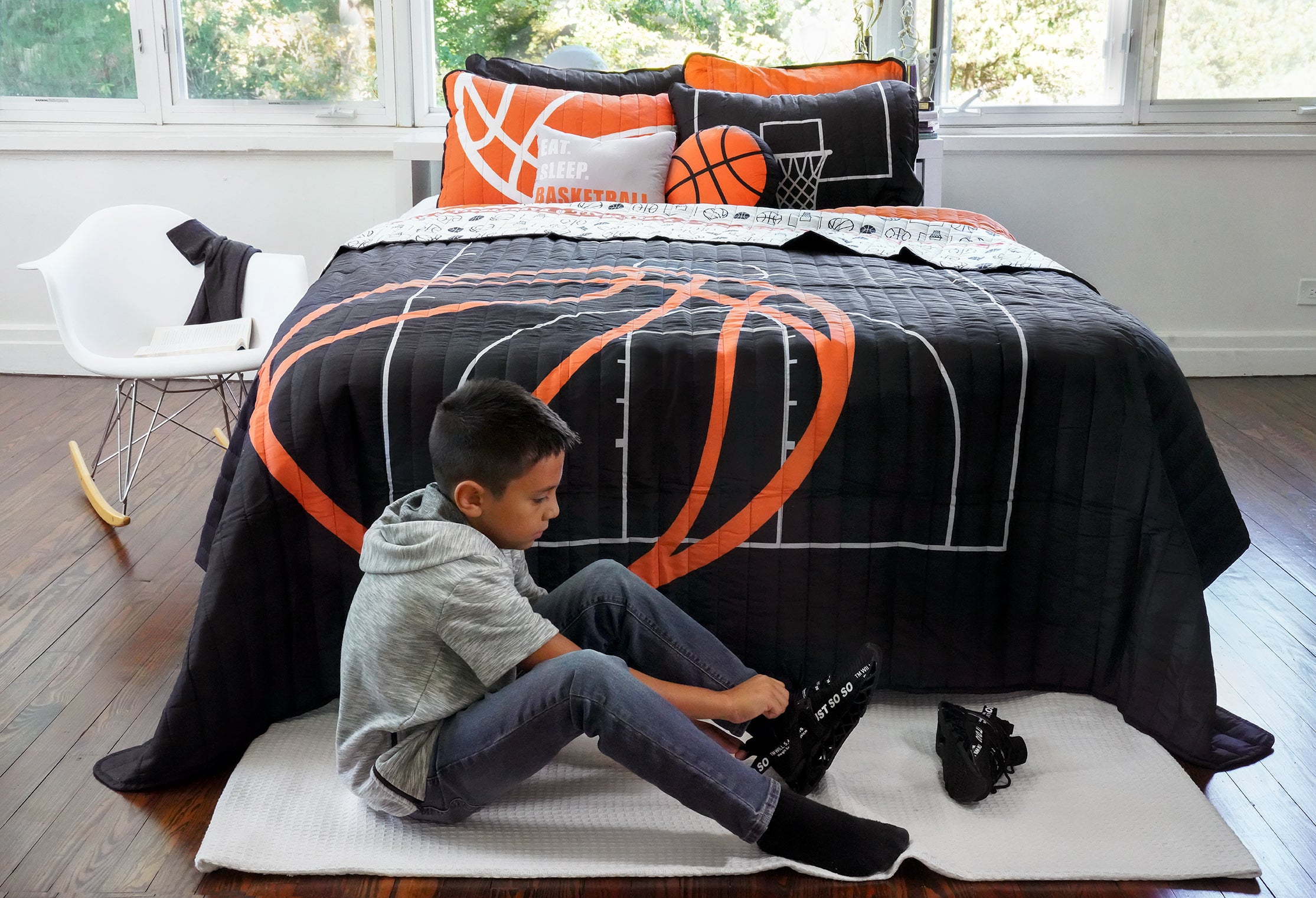 Bedding Bundle: Basketball Game Quilt Set + Soft Stripe Coverlet Set