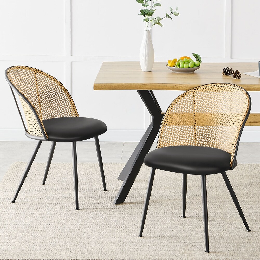 Fabric Upholstered Dining Chairs with Rattan Backrest  Set of 2/4   22.8”(D) x 20”(W) x 31.1”(H)