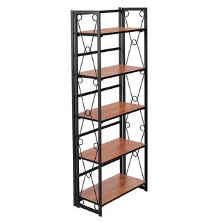 VECELO 5 Shelf Bookcase No-Assembly Folding-Bookshelf Industrial Standing Racks Study Organizer with Metal Frame ，Brown 1 KHD-XJM-B01