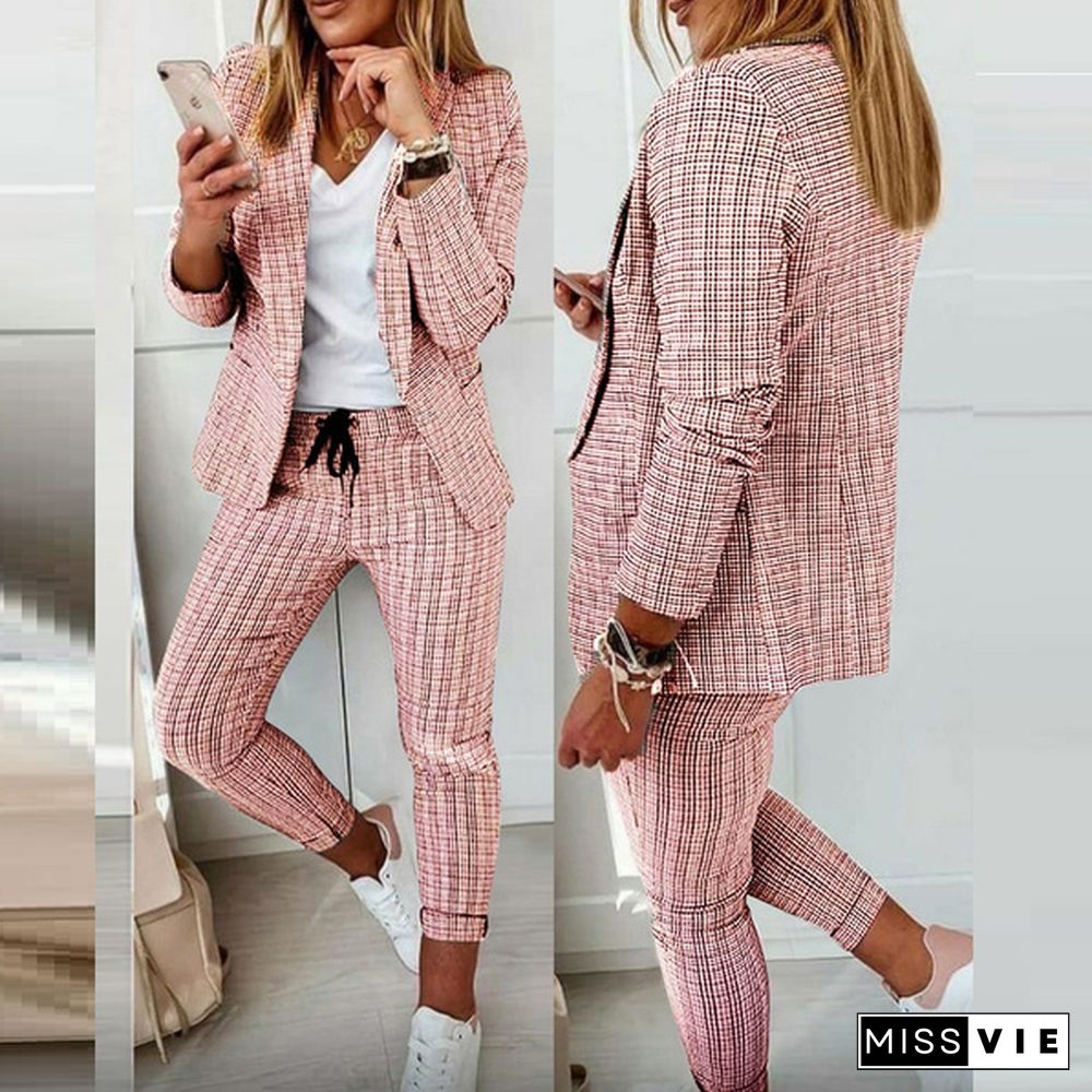 Women Elegant Long Sleeve Blazer Sets Lapel Neck Blazer Coat & Drawstring Pants Set Two Piece Outfits For Women