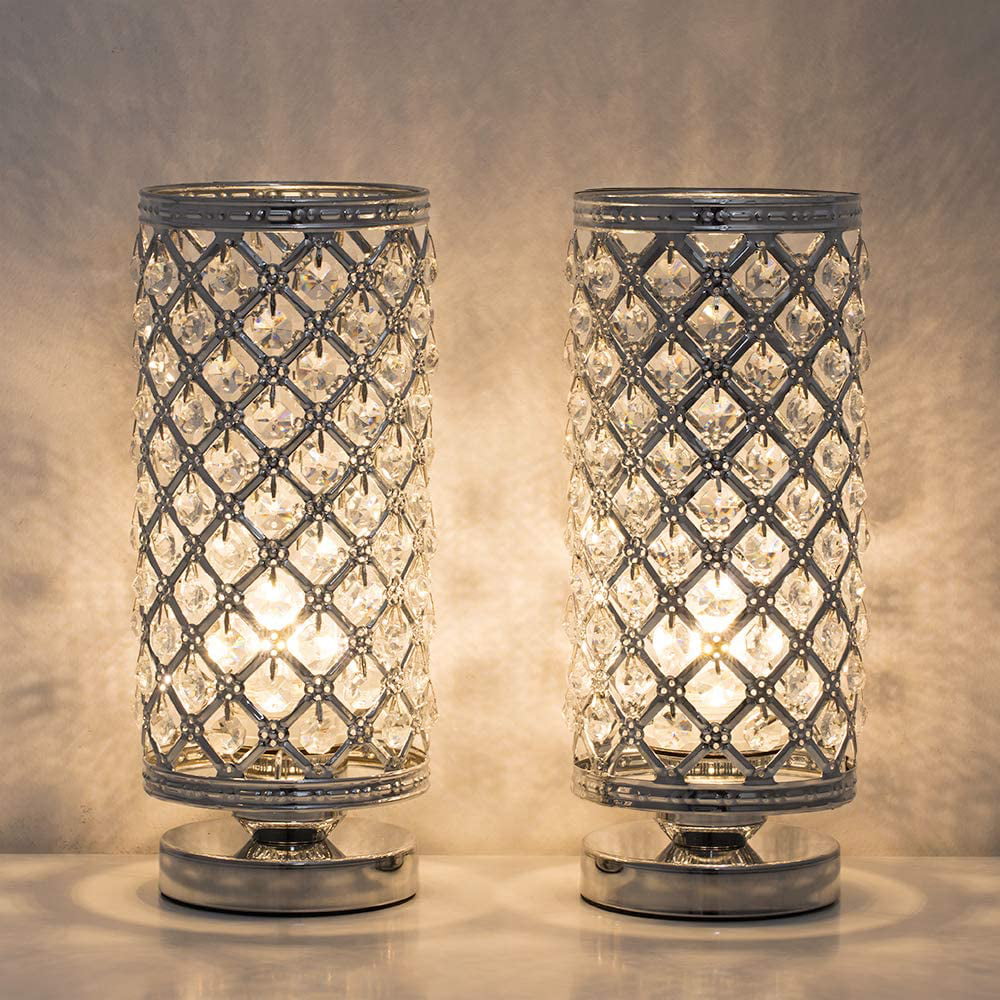 Silver Crystal Table Lamps, Set of 2 with Crystal Lamp Shade