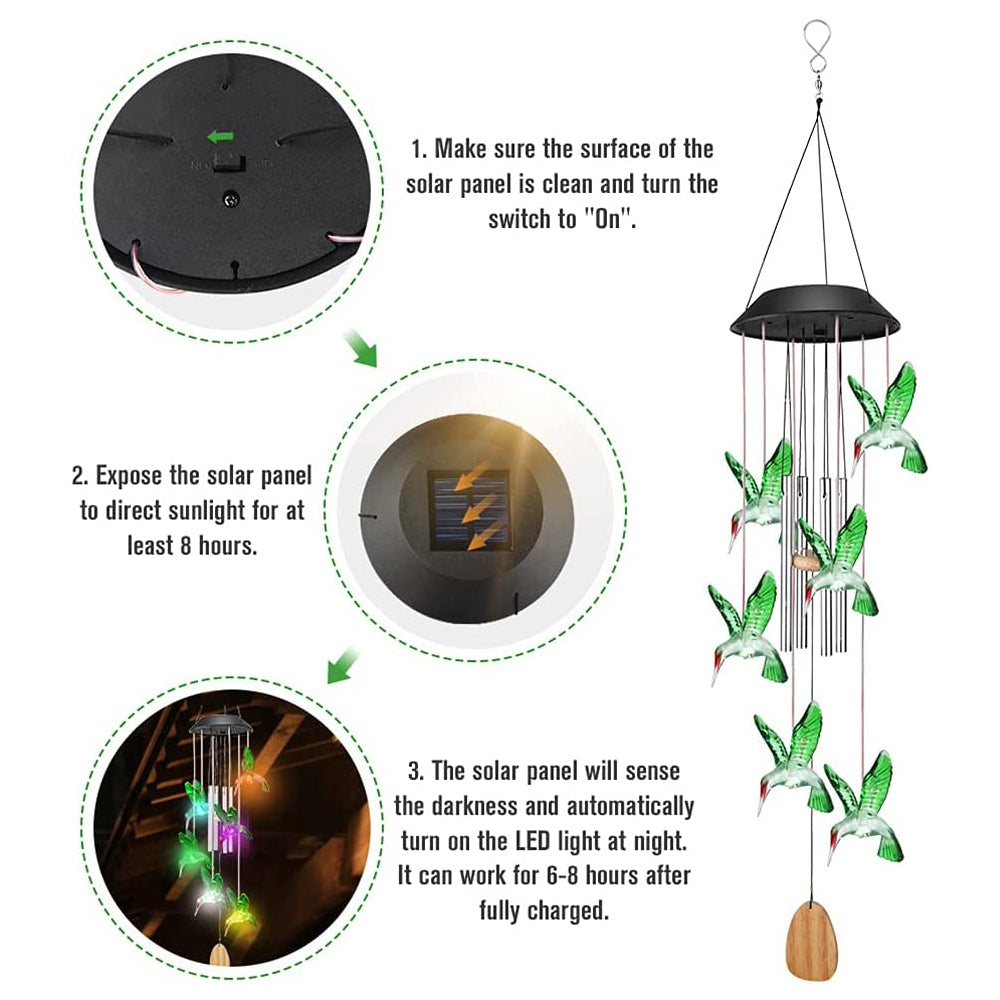 Fangsheng Outdoor Wind Chimes， Solar Hummingbird Lights Colors Changing Waterproof for Patio， Garden