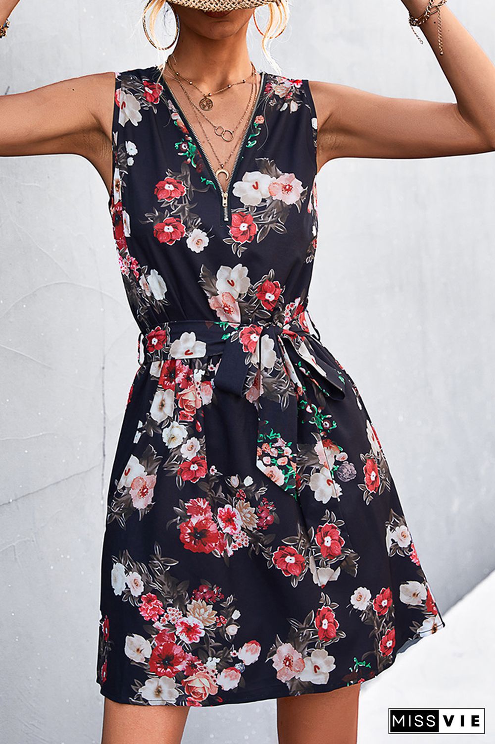 Sleeveless Zip Neck Floral Print Dress Wholesale