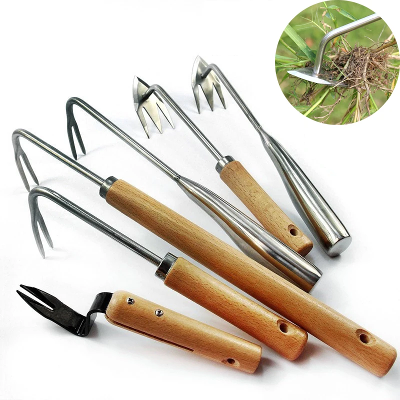 Long Wood Handle Stainless Steel Garden Weeder Hand Weeding Removal Cutter Tools Multifunction Weeder Transplant