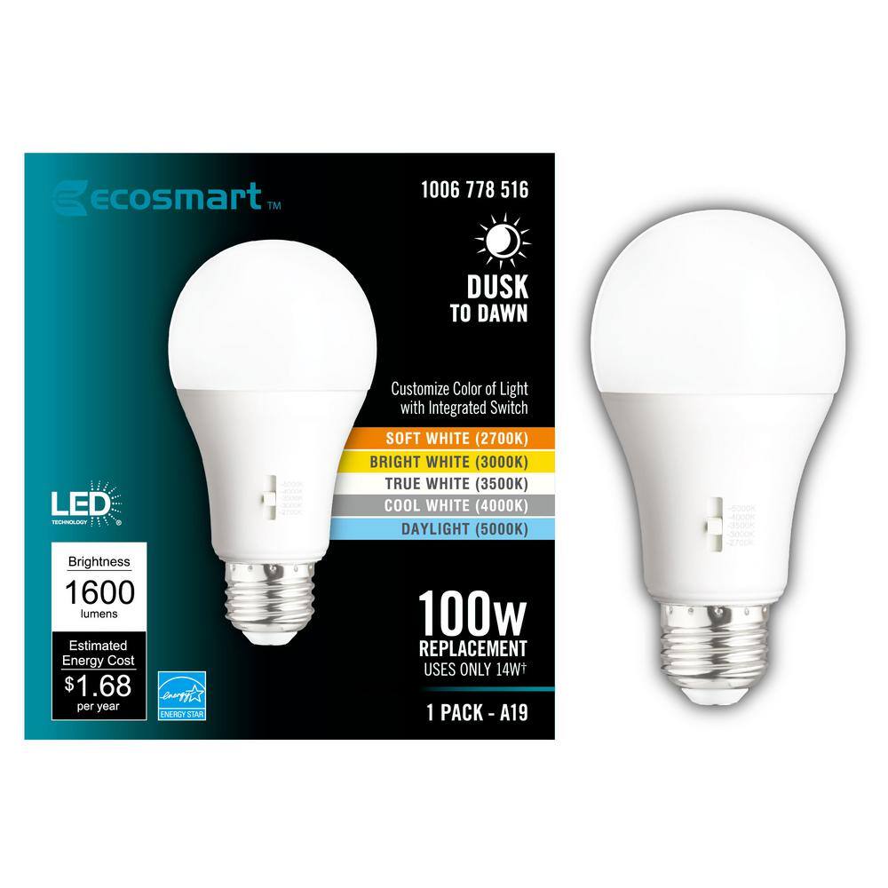 EcoSmart 100-Watt Equivalent A19 Dimmable CEC Dusk to Dawn LED Light Bulb with Selectable Color Temperature (1-Pack) 11A19100WDTD001