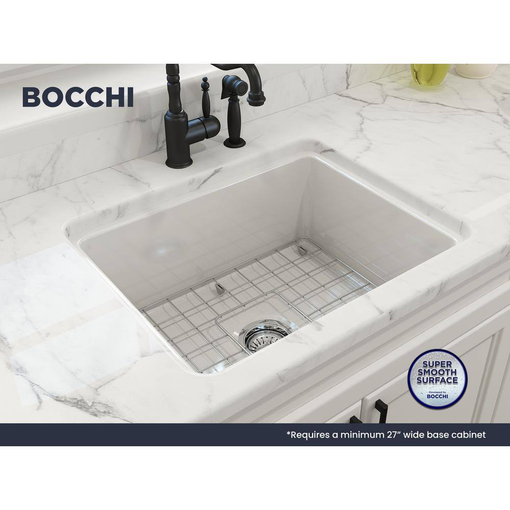 BOCCHI Sotto White Fireclay 24 in. Single Bowl UndermountDrop-In Kitchen Sink wProtective Bottom Grid and Strainer 1627-001-0120