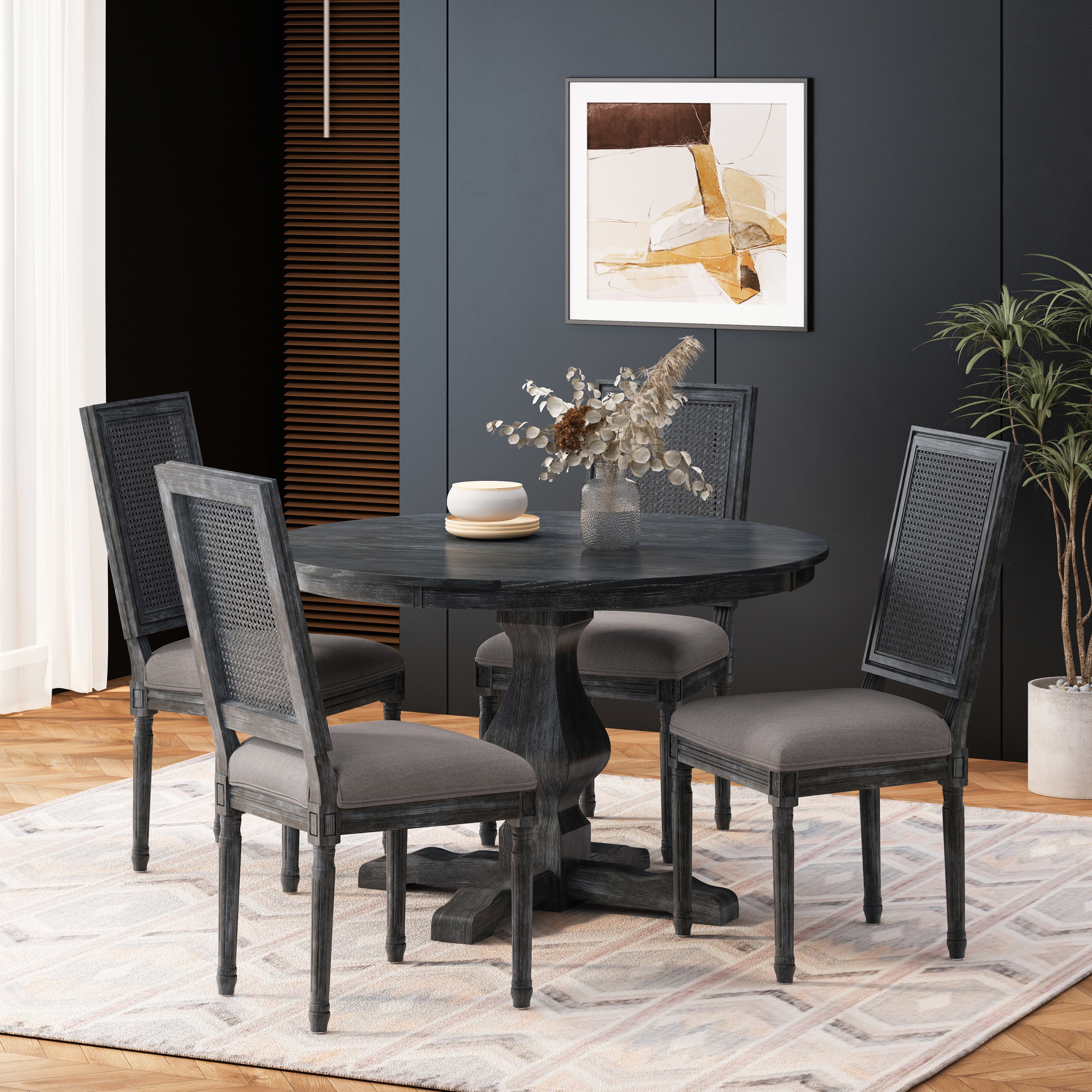 Merlene French Country Fabric Upholstered Wood and Cane 5 Piece Circular Dining Set