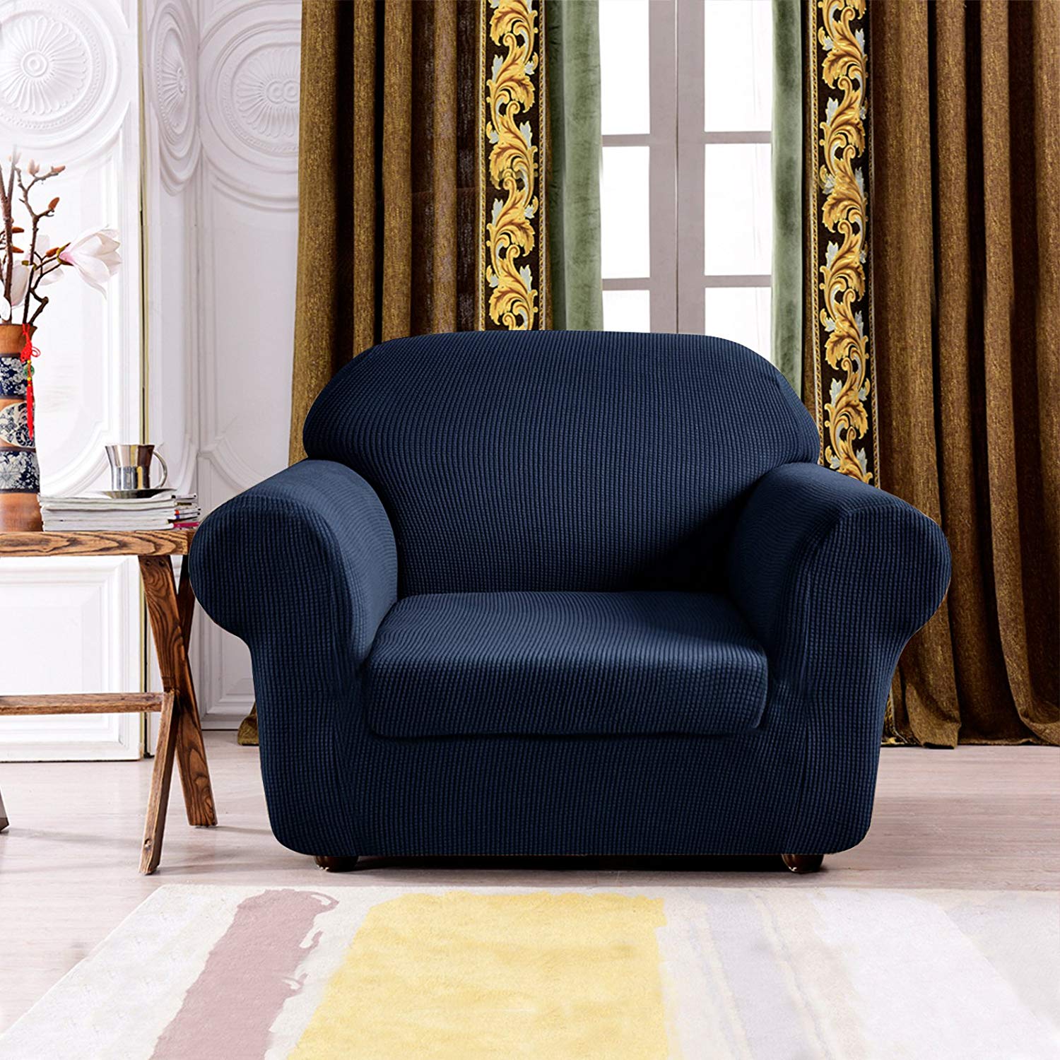 Subrtex Stretch 2-Piece Textured Plaid Armchair Slipcover, Navy