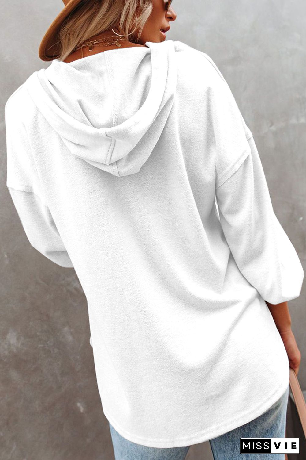 White Buttoned High and Low Hem Hoodie