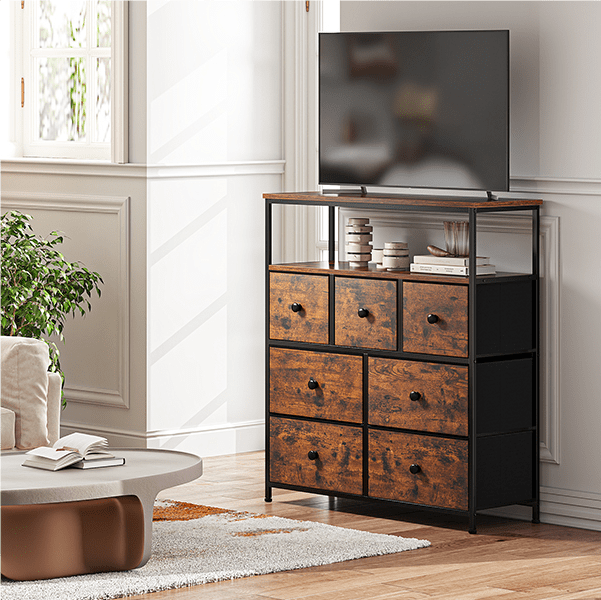 EnHomee Fabric Dresser for Bedroom 7 Drawer Dresser Chest of Drawers Storage Tower with Fabric Bins & Open Shelves Modern Dresser for Closet Bedroom Living Room Corridor Rustic Brown