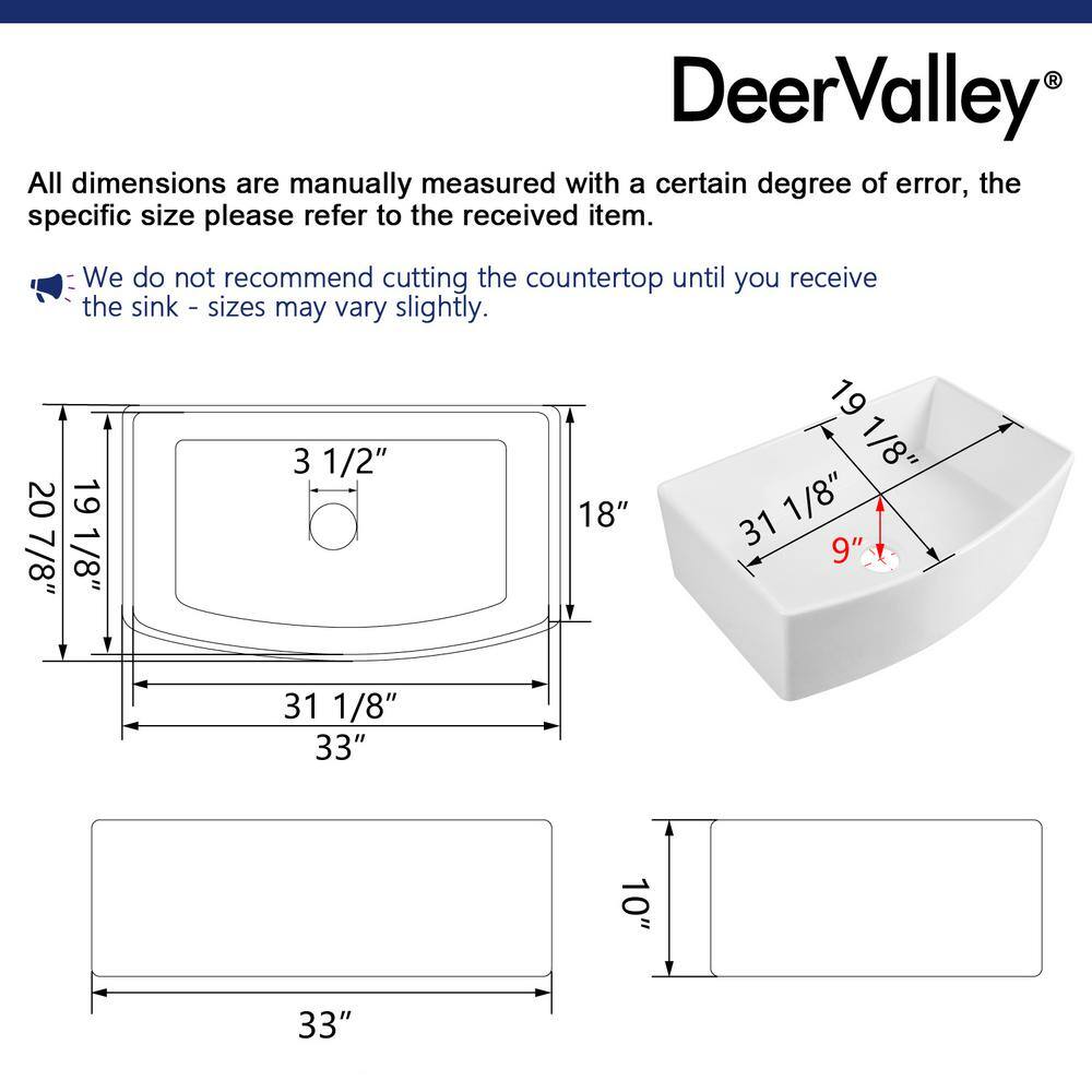 DEERVALLEY Grove Fireclay 33 in. L x 21 in. W Single Bowl Farmhouse Curved Kitchen Sink with Sink Grid and Basket Strainer DV-1K516