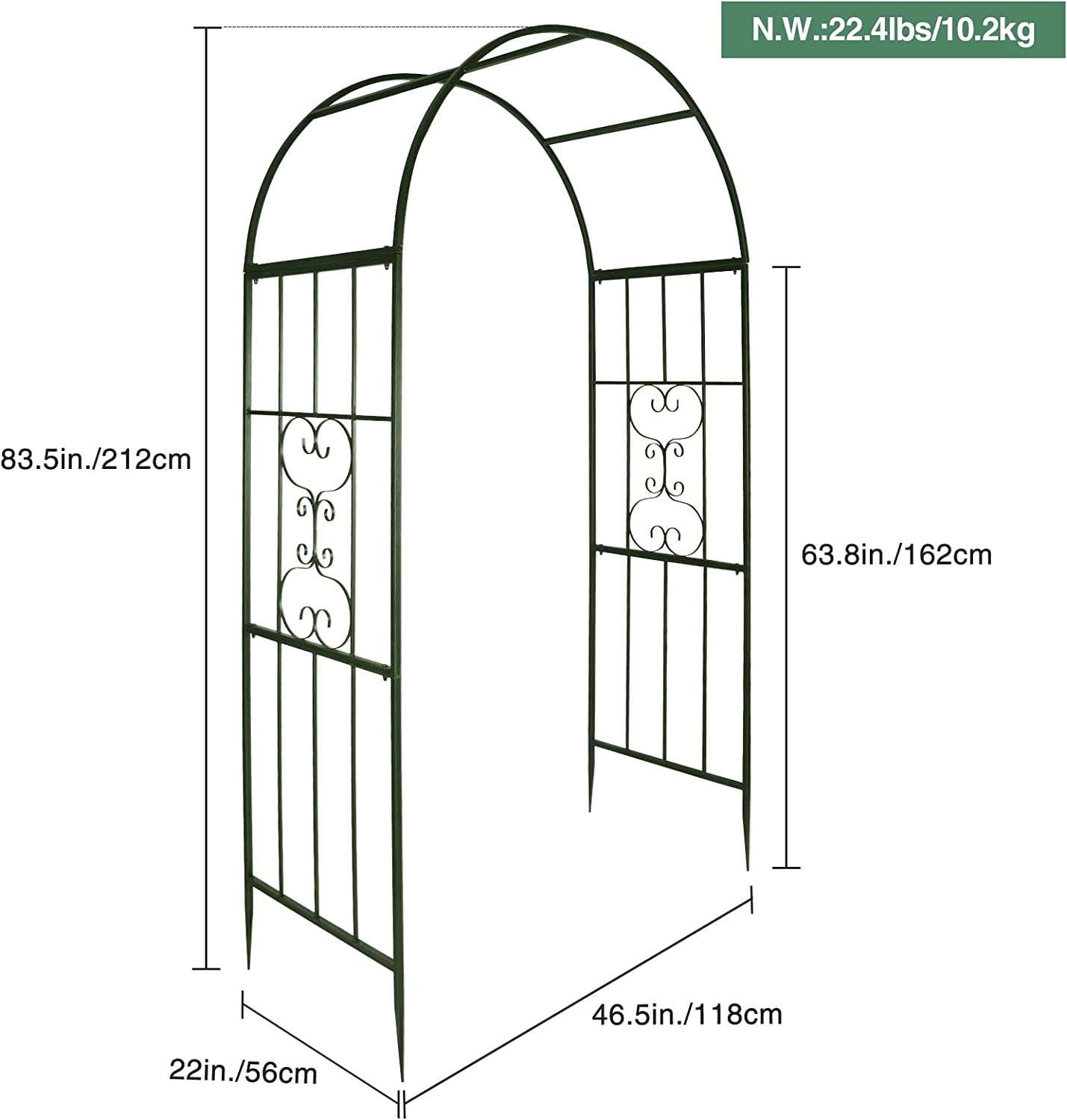 REDCAMP Metal Garden Arch for Climbing Plants, Heavy Duty Metal Garden Arbor for Outdoor Garden Wedding Ceremony, Party and Backyard, Green 7 Feet