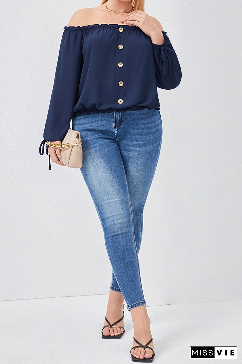 Navy Off Shoulder Button Down Gathering Hem Plus Size Long Sleeves Top