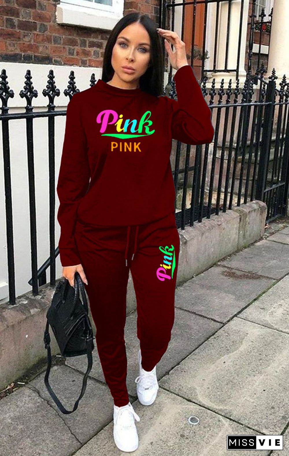 PINK Letter Print Sweatshirt Jogger Pants Two Piece Sets