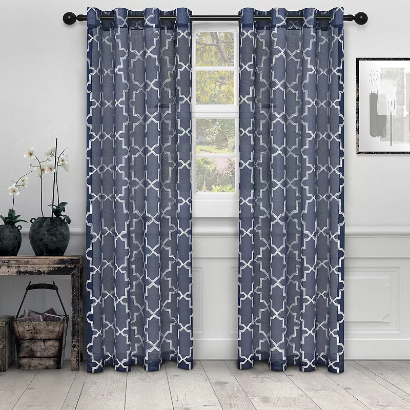 Superior Set of 2 Embroidered Semi-Sheer Quatrefoil Window Curtain Panels