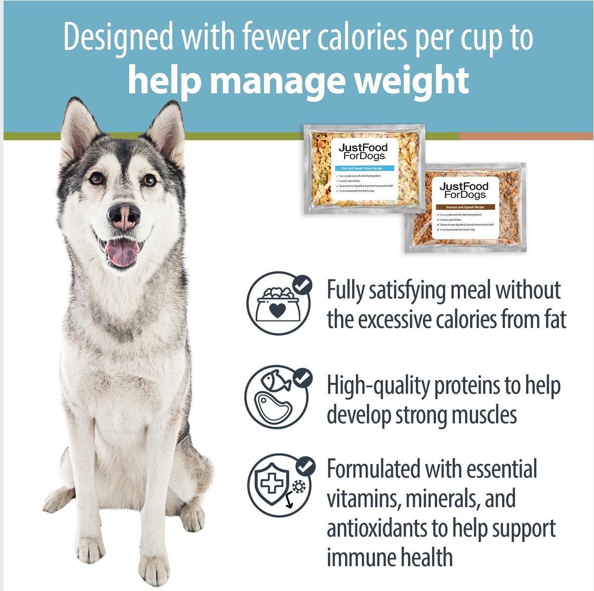 JustFoodForDogs Healthy Weight Variety Pack Human-Grade Fresh Whole Dog Food， 18-oz pouch， case of 7 