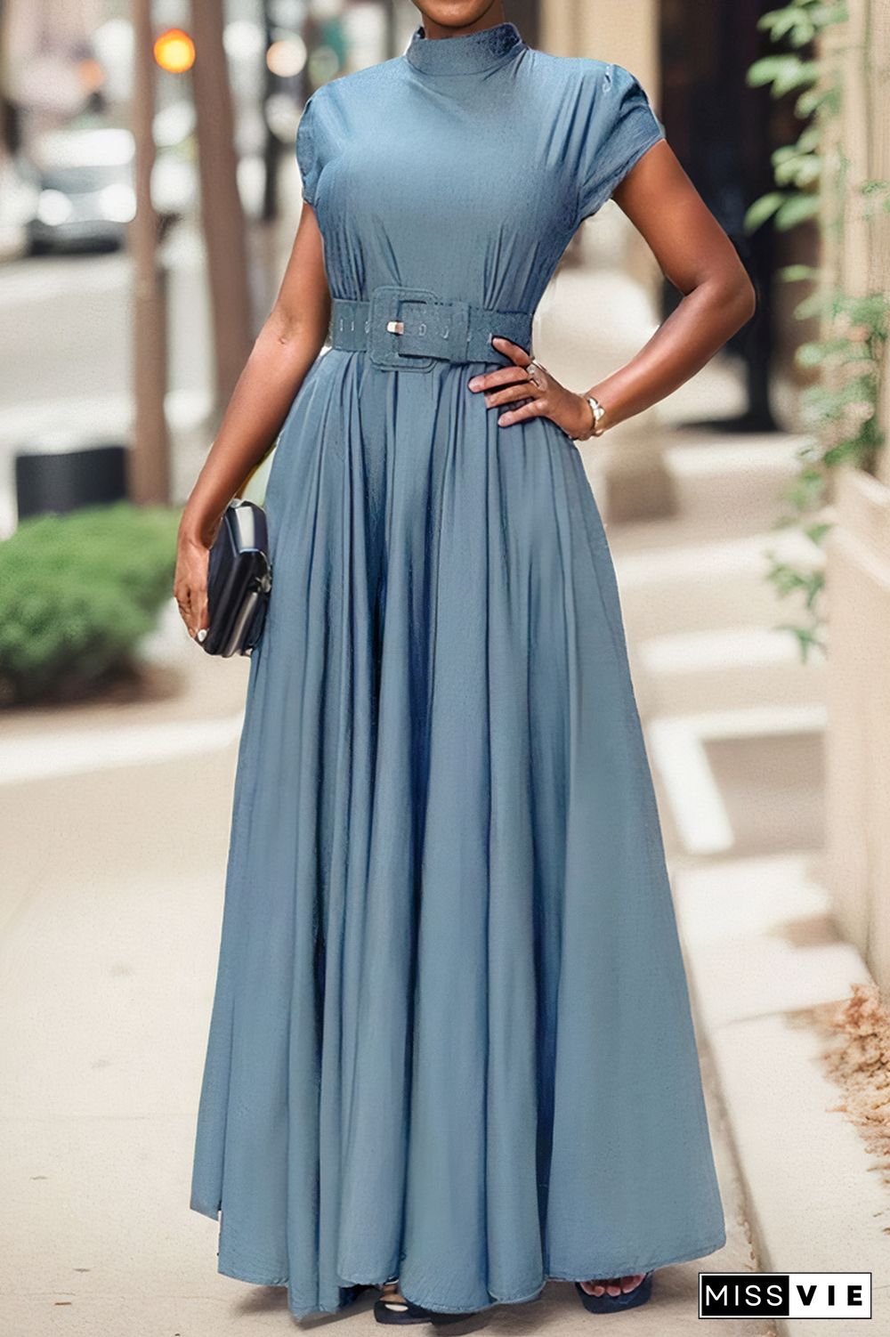 Solid Belted Stand Collar Maxi Dress